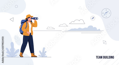 Woman hiker with backpack and binoculars searching for future goals, representing exploration and vision in business.