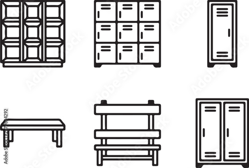 Set of locker and bench furniture icons.