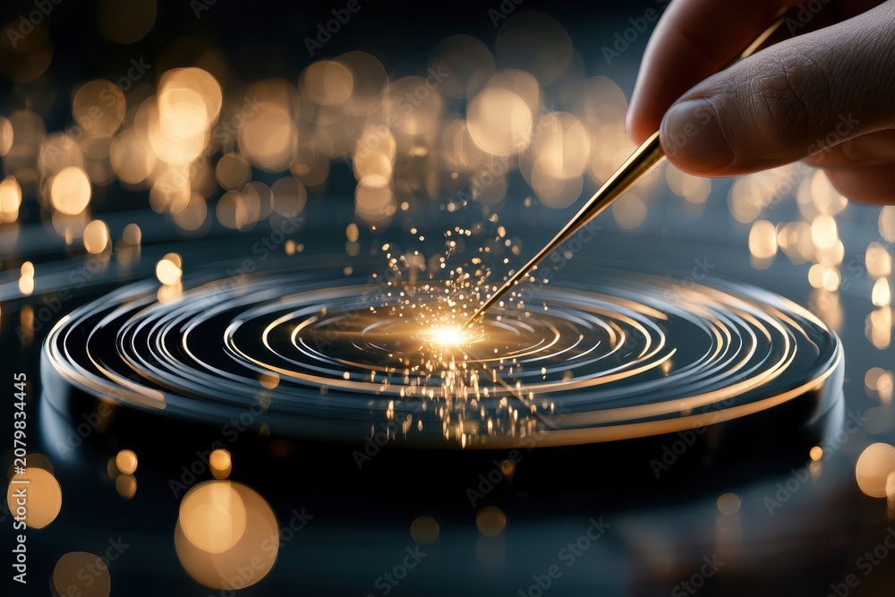 Obraz premium Precision instrument touching a glowing concentric ripple surface