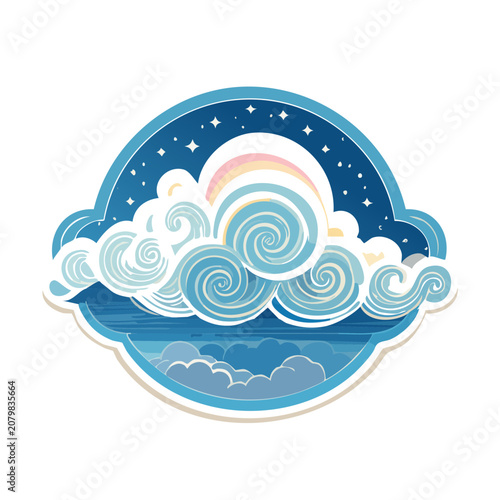 Flat illustration of ocean waves, moon, and rainbow in circular frame