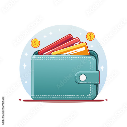 Flat illustration of wallet with credit cards and coins