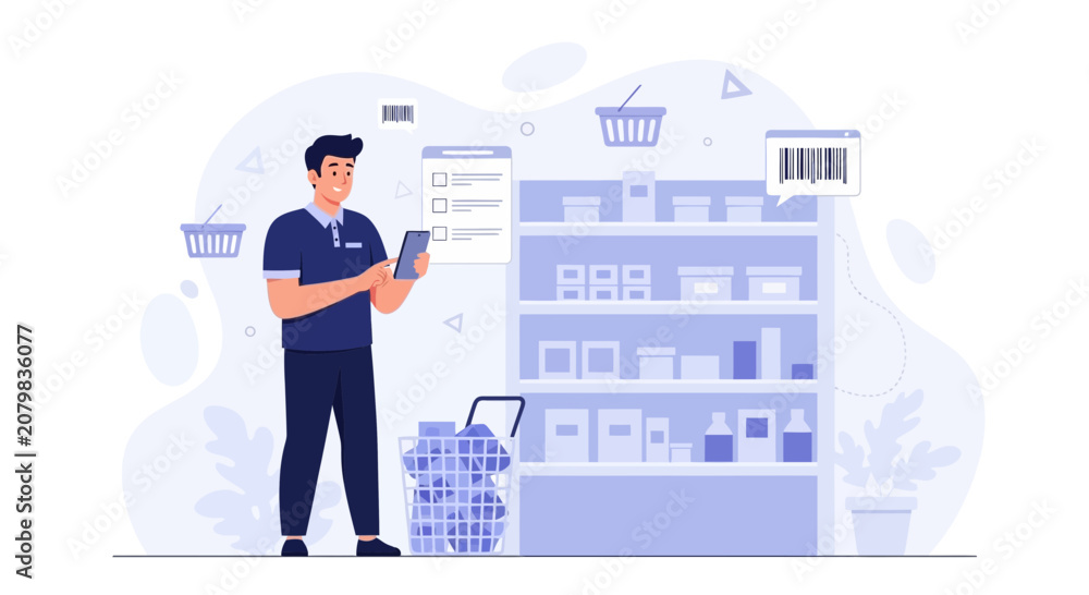 Naklejka premium Customer Using Smartphone in Supermarket for Shopping, Scanning Barcodes, and Making Lists