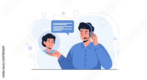 Customer service operator with headset assisting client, communication concept, vector illustration