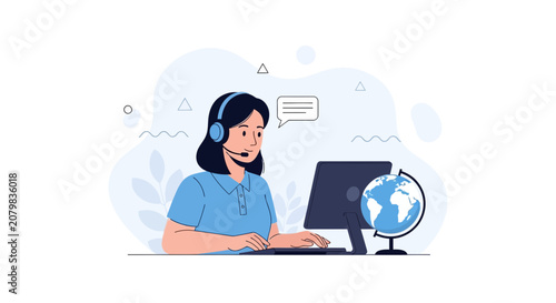 Customer service operator with headset working on computer with globe symbolizing global support and communication