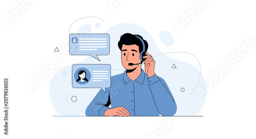 Customer Service Operator with Headset, Chat Bubbles and Abstract Shapes - Vector Illustration