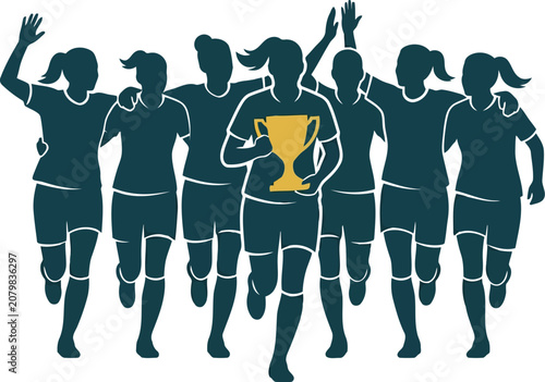 Принти на полотні Soccer Team Celebrating Victory with Trophy, Silhouette of Football Players Chee