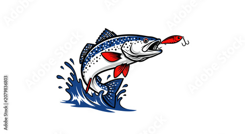 Canvastavla Spotted trout jumping from water to catch a red fishing bait lure
