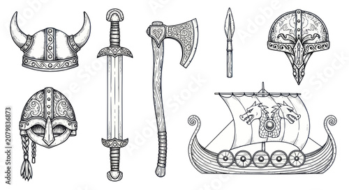 Bild auf Leinwand Medieval viking warrior equipment with drakkar ship and ancient weapons