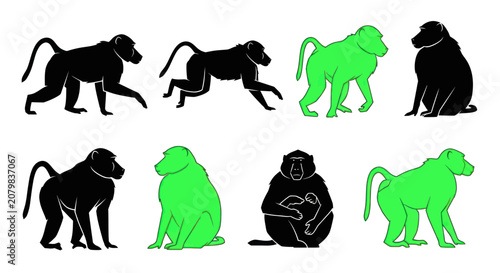 Fotografía Baboon silhouettes in various walking running and sitting poses
