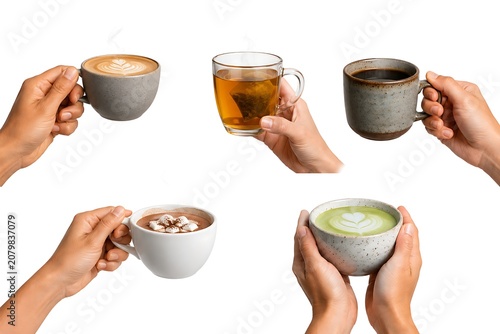 Hands Holding Various Hot Beverages In Ceramic Mugs A White Background Composition beverage cappuccino