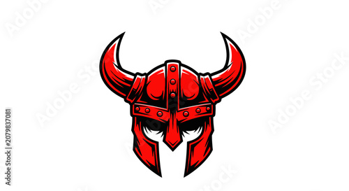 Foto Red horned viking helmet mascot with fierce metallic armor plates