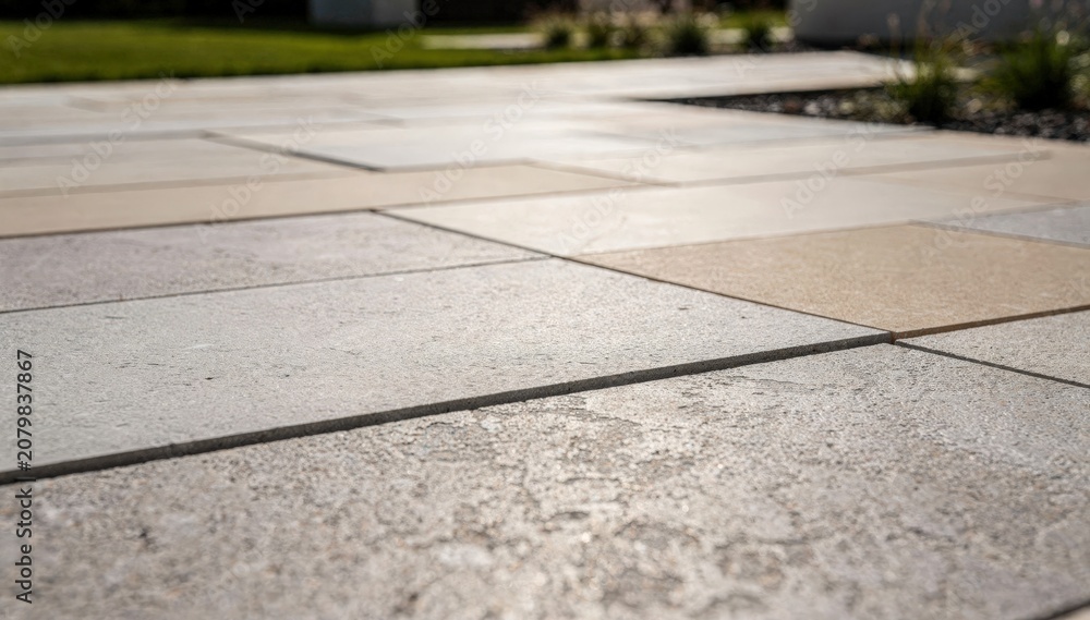 Obraz premium Medium shot of sintered stone slabs arranged in a driveway pattern showcasing their robust composition and smooth finish under natural light.