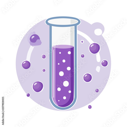 Purple liquid in test tube with molecules and bubbles