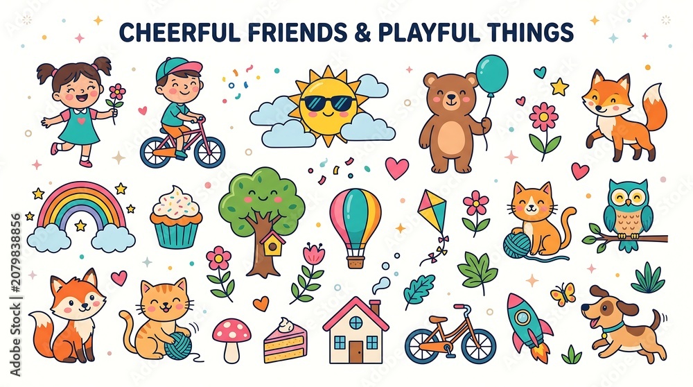 Fototapeta premium Colorful cartoon stickers of cheerful friends and playful things