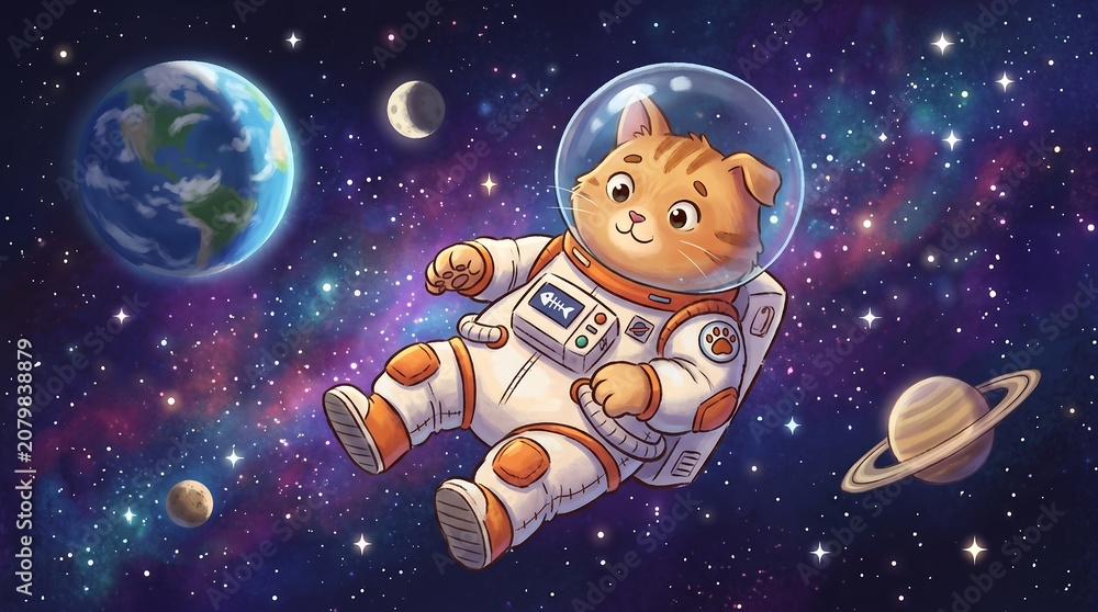 Fototapeta premium Cartoon cat astronaut floating in space with planets