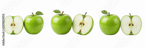 Tableau sur toile Three Sets of Fresh Green Apples with Slices Isolated on White Background, Crisp