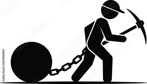 Konstfotografi Black silhouette of a prisoner wearing a cap and dragging a heavy iron ball and