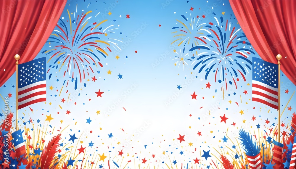 Obraz premium Colorful Fireworks Explosion Over American Flag Draped Curtains in Bright Daylight Celebration