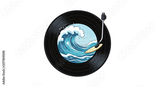 Illustration of a Vinyl Record With Ocean Wave Design and Turntable Needle Surfing the Crest