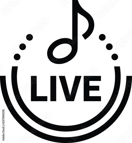 Minimalist black and white featuring a musical note symbol above the word live, enclosed by two curved lines and four small dots