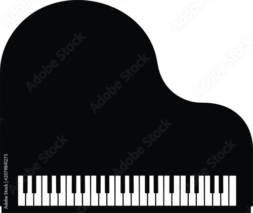 Minimalist black silhouette of a grand piano viewed from above, featuring detailed keyboard keys on a clean white background