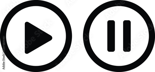 Play and pause media control buttons, circular with solid black symbols on a white background, for and audio player interfaces