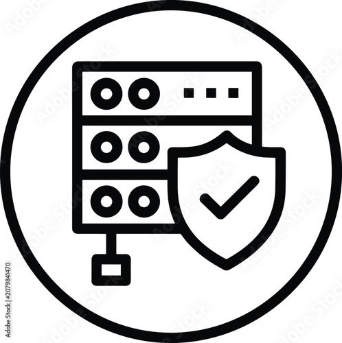 Server rack with a security shield and checkmark inside a circle, representing data center protection and secure cloud infrastructure