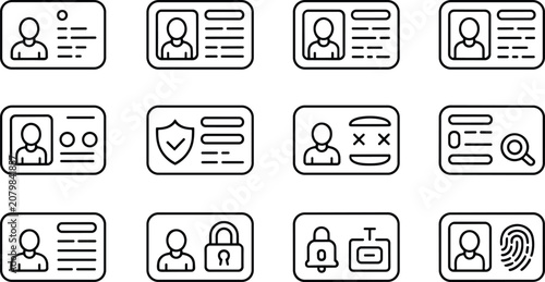 Set of twelve identification card featuring various symbols like fingerprints, locks, shields, and user profiles in a clean line style