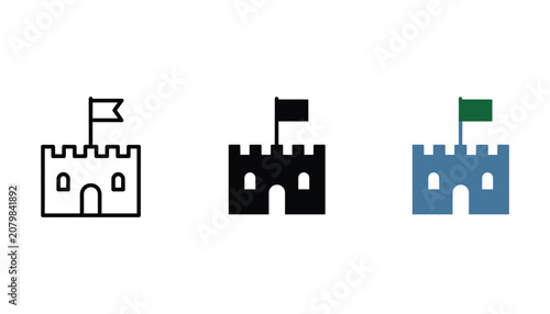 Obraz na plátně Castle with flag icon in line art solid black and flat blue style set for kingdo
