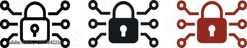 Three security lock with circuit board patterns in black and red, representing digital data protection, cybersecurity, and encryption