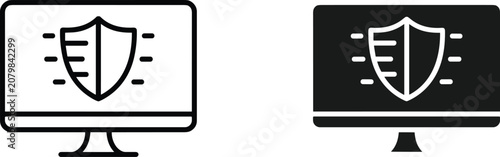 Two computer monitor featuring a shield symbol on the screen, one in outline and one in solid black, representing digital security