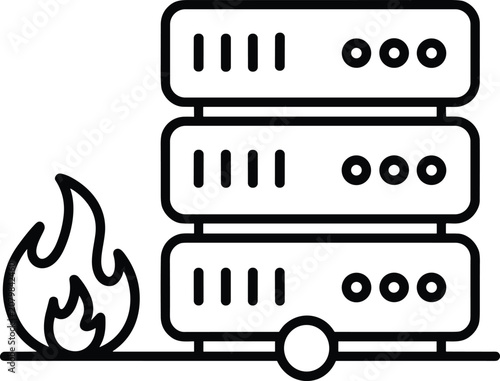 Simple black and white of a server rack tower next to a fire flame symbol, representing server overheating or data center fire