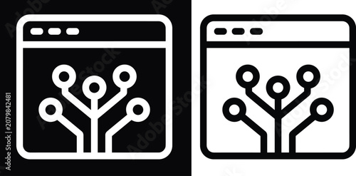 Two versions of a black and white showing a web browser window with a circuit board tree diagram representing web technology