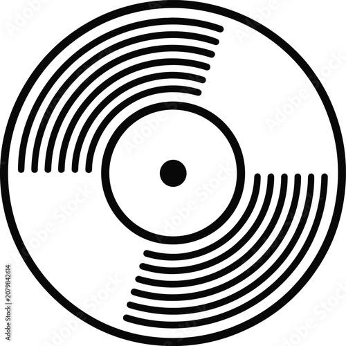 Vinyl record with circular grooves, minimalist black and white line representing music, audio, vintage media, and sound recording
