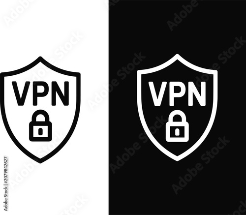 Vpn shield with a padlock symbol, linear outline style, black and white versions for network security and internet privacy concepts