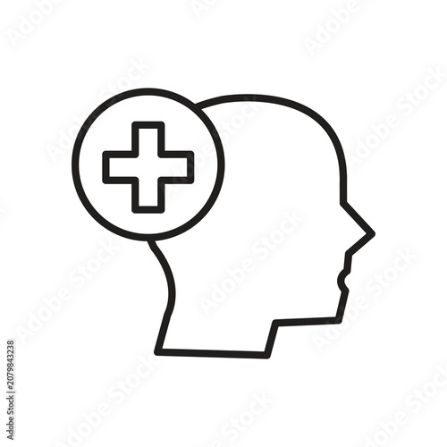 Head with Medical Plus Sign Line Icon Vector Illustration. Mental Health, Healthcare, Medical Care, Brain Wellness and Psychology Outline Symbol Isolated on White Background..eps