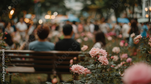 Couple sitting on a bench at Sam Cheok Rose Park Festival surrounded by pink roses and people