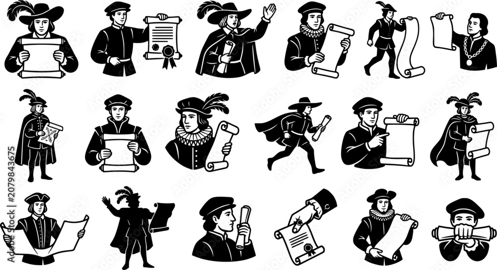 Obraz premium Renaissance Messenger Icon Set Isolated on White Background – Historical Herald, Royal Decree, Scroll Document and Medieval Courier Vector Symbols