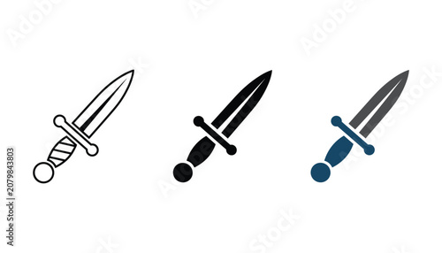 Photos Set of dagger or knife weapon icons in line solid and flat design styles for his