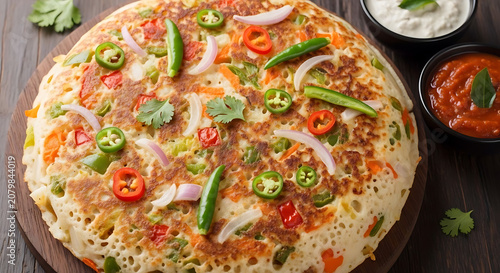 Vegetable uttapam topped with fresh chili and onions sits on a rustic wooden serving board.