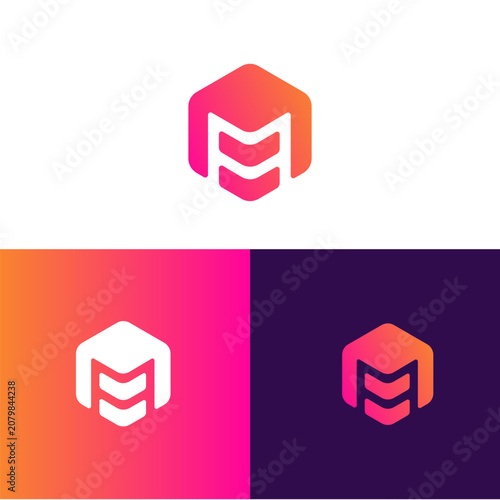 Modern hexagonal cube logo with gradient letter m gradient geometric abstract