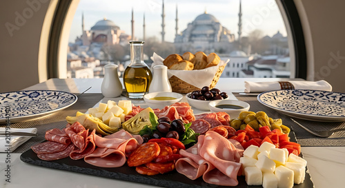 Charcuterie platter sits near an arched window displaying a historic city skyline during sunset.