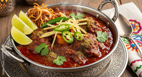 Curry dish served in a traditional metal bowl features tender meat, fresh cilantro, and lime.
