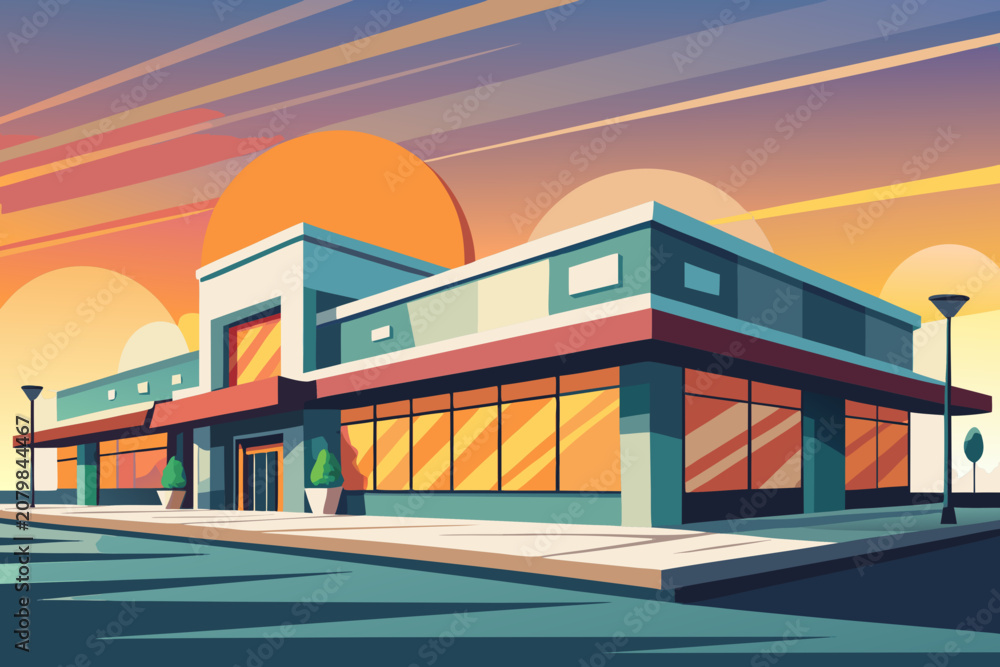 Obraz premium Modern storefront building with large windows and sunset background in a vector graphic design