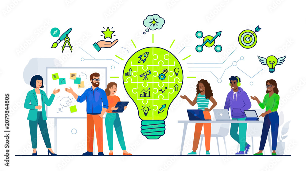 Fototapeta premium Diverse team brainstorming innovative ideas, light bulb concept, business strategy