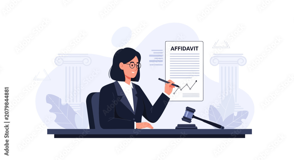 Fototapeta premium Lawyer or Judge Reviewing Affidavit and Gavel on Desk, Justice Concept Illustration