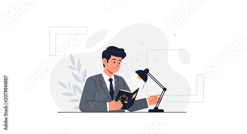 Lawyer Reading Law Book Under Desk Lamp, Legal Concept Vector Illustration
