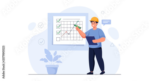 Engineer analyzing growth chart on whiteboard with checklist and plant, illustrating project management and progress tracking