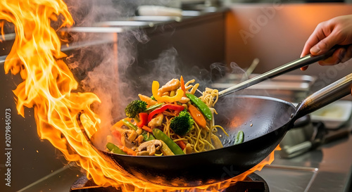 Chef prepares a vibrant vegetable stir fry in a professional kitchen using a hot flaming wok pan.