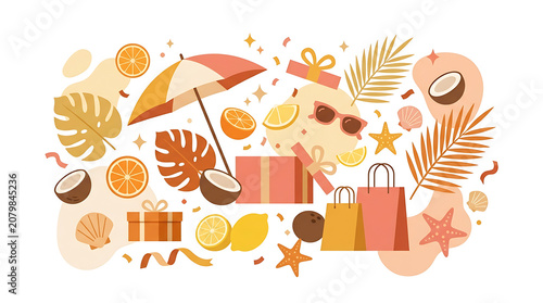 Colorful summer sale graphics with tropical leaves and bags